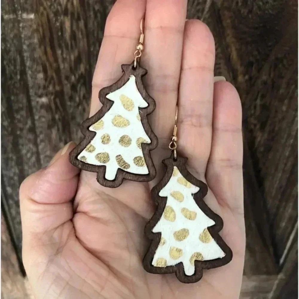 Golden Gold Spot Christmas Tree Animal Print Wooden Drop Earrings NWT